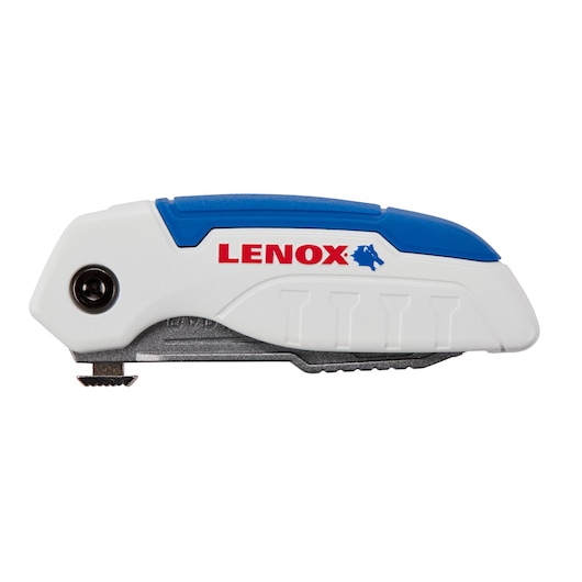 Photo of LENOX LXHT10600 utility knife, white and blue handle, side view on white background.