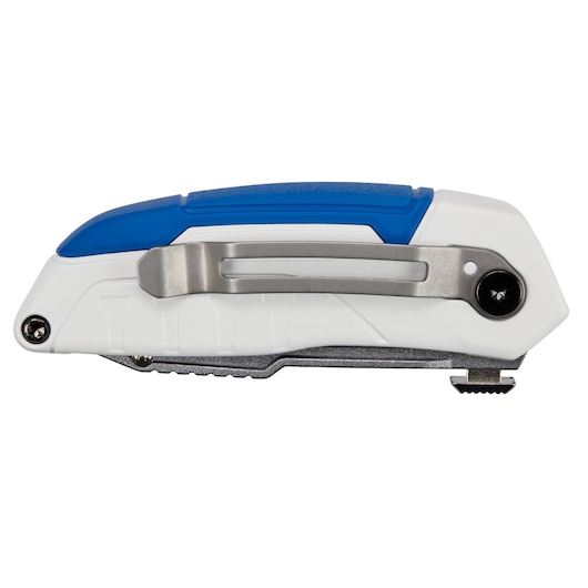 LENOX folding utility knife LXHT10600, white and blue handle, side view on white background.