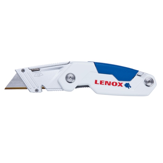 LENOX LXHT10601 folding utility knife with white and blue handle, left side view, photography on white background.