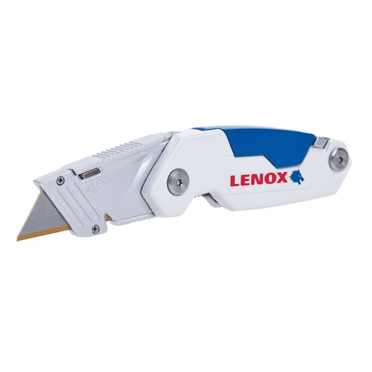 LENOX LXHT10601 utility knife with blue and white handle, side angle on white background.