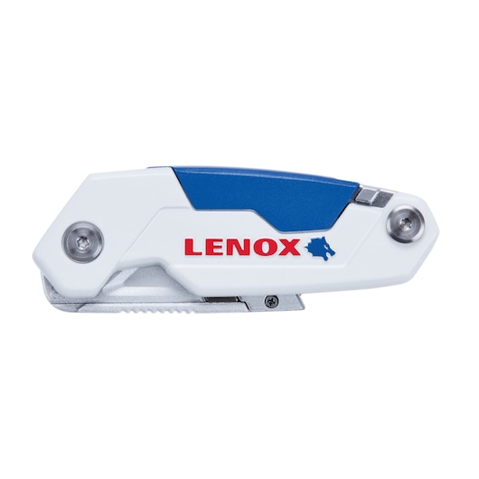 LENOX LXHT10601 folding utility knife, white and blue handle, side view on white background.