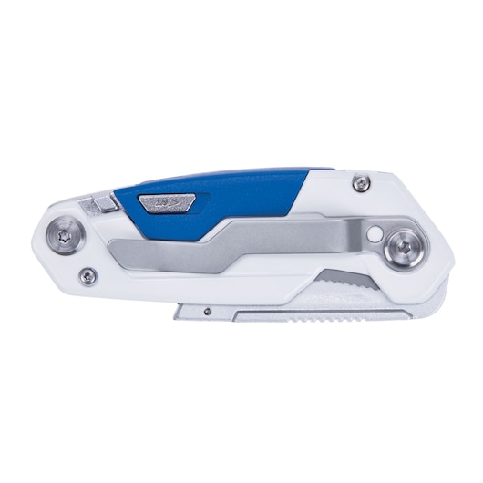 Photo of LENOX folding utility knife LXHT10601, closed, with blue, silver, and white handle on white background.