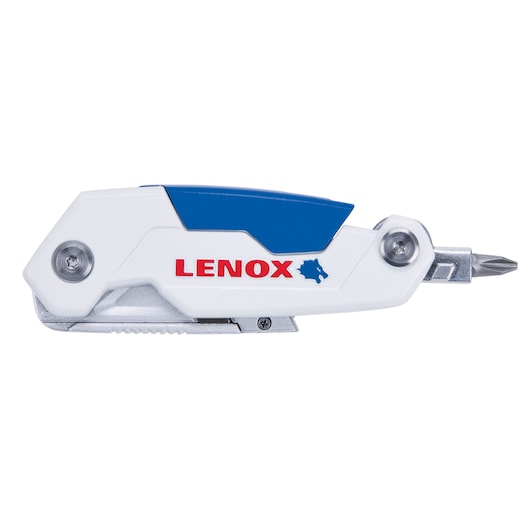 LENOX LXHT10601 white and blue folding utility knife with screwdriver bit, side view, white background.