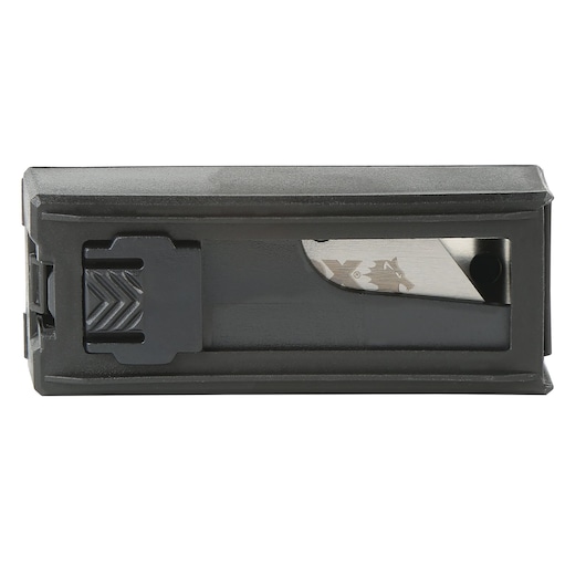 Photo of LENOX utility blade case with visible blade, black plastic, front angle LXHT11800T.