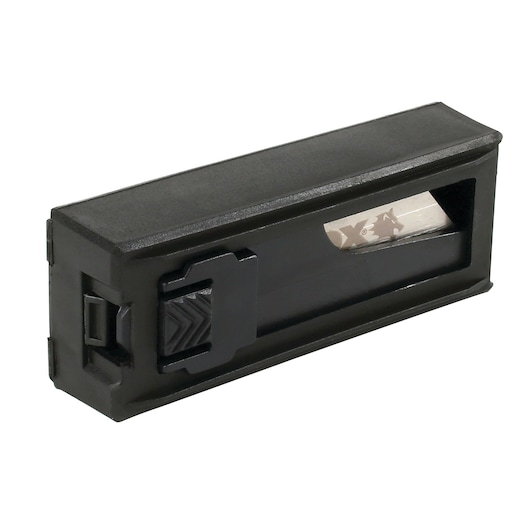 LENOX black utility blade dispenser, rectangular shape, side view, SKU LXHT11800T.