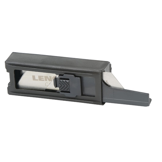 LENOX LXHT11800T utility blade dispenser, black and gray, side angle, white background.