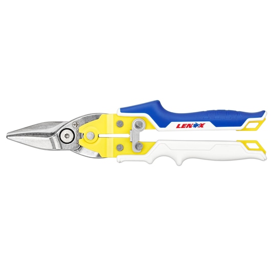 LENOX LXHT14340 aviation snips with blue, yellow, and white ergonomic handle, side view, white background.
