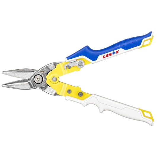 Photo of LENOX LXHT14340 aviation snips with blue, yellow, and white handle, angled to display cutting blades on white background.