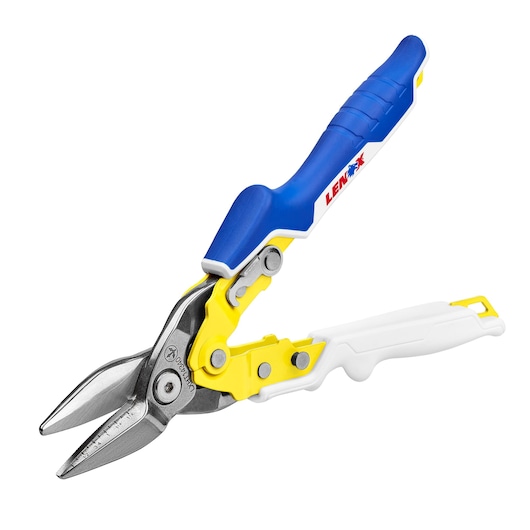 Photo of LENOX LXHT14340 aviation snips with blue, yellow, and white handle, side angle on white background.