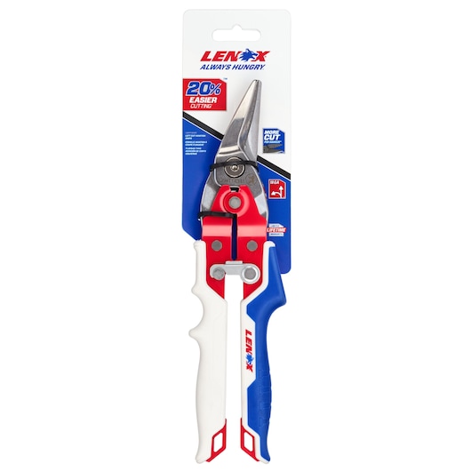 LENOX LXHT14341 aviation snips with red, white, and blue handle in retail packaging, front angle.