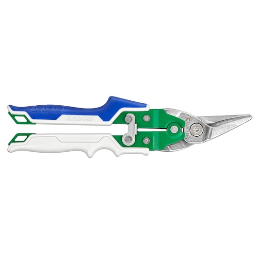 LENOX LXHT14342 aviation snips with blue, green, and white handle, photography, right-side view on white background.