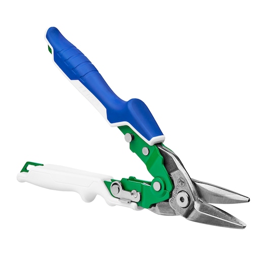 Photo of LENOX LXHT14342 aviation snips with blue, green, and white ergonomic handle, angled on white background.