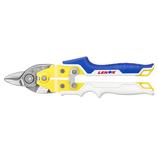 LENOX LXHT14343 aviation snips with blue, white, and yellow ergonomic handle, side angle, white background.
