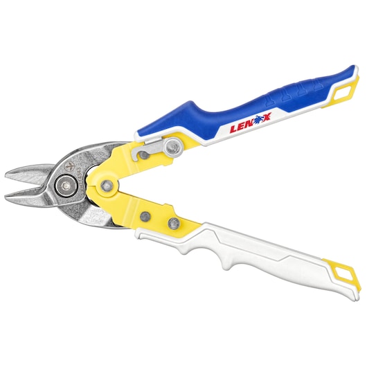 LENOX LXHT14343 aviation snips with yellow, blue, and white ergonomic handles, side view on white background.