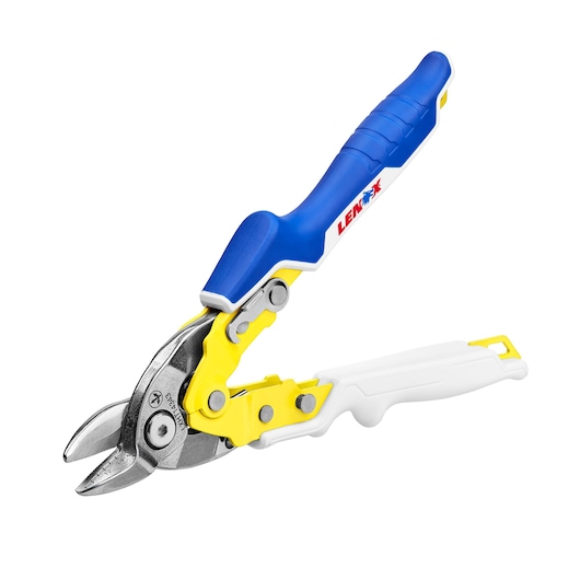 LENOX LXHT14343 aviation snips with yellow, blue, and white ergonomic handles, angled left, on white background.