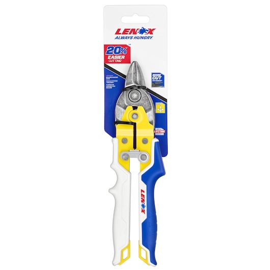 LENOX LXHT14343 aviation snips with yellow, white, and blue handle, front view on white background.