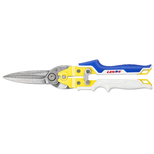 LENOX LXHT14344 aviation snip with silver serrated blade, yellow and white handle, side view on white background.