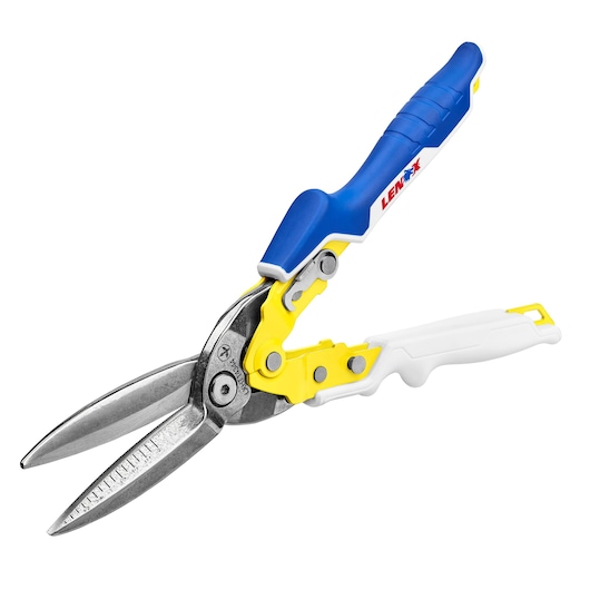 Photo of LENOX aviation snips LXHT14344 with blue, yellow, and white ergonomic handles, angled on white background.