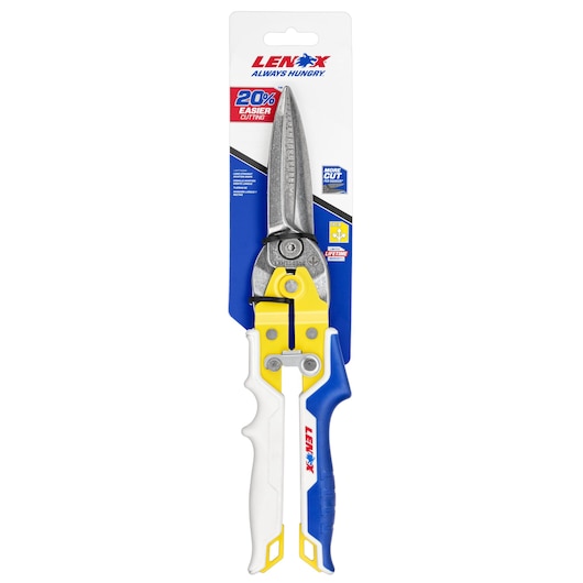 LENOX LXHT14344 metal cutting snips with white and blue handle, packaged on branded card, front angle.
