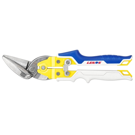 Photo of LENOX LXHT14345 aviation snips with blue, yellow, and white ergonomic handle, left-side view on white background.