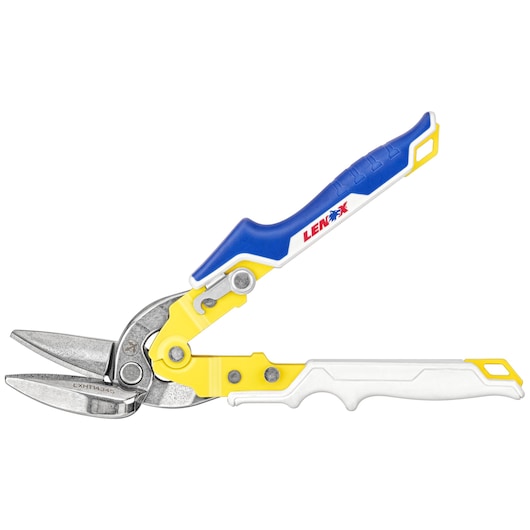 LENOX LXHT14345 aviation snips with blue, yellow, and white ergonomic handles, left-side view on white background.