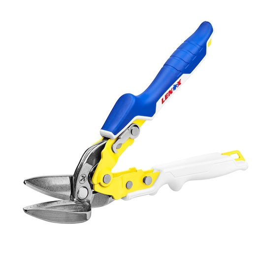 LENOX aviation snips LXHT14345 with blue, yellow, and white ergonomic handles, side angle on white background.