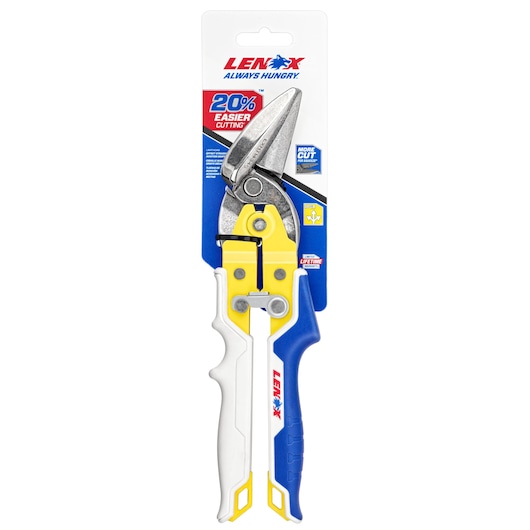 LENOX LXHT14345 aviation snips with yellow handle and blue grip in retail packaging, front view.