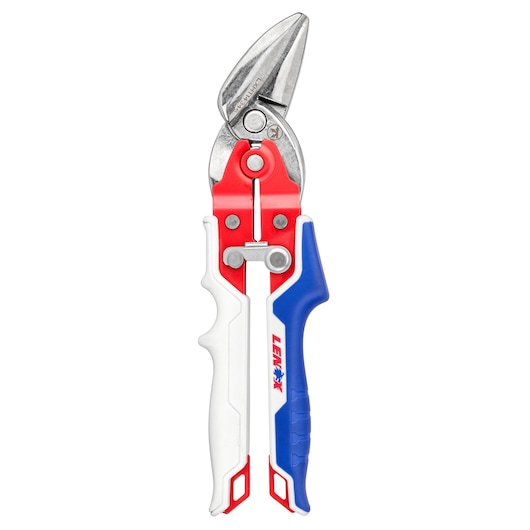 LENOX LXHT14346 aviation snips with red, white, and blue ergonomic handles, front angle on white background.