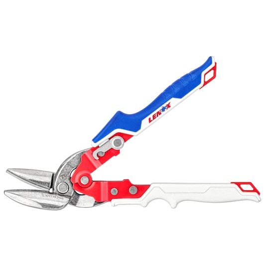 Photo of LENOX LXHT14346 straight-cut aviation snips with red, blue, and white ergonomic handle, side view.