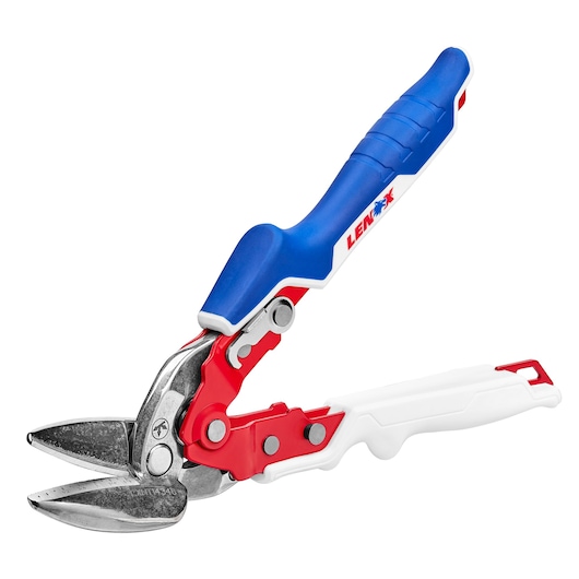 LENOX LXHT14346 aviation snips with blue, red, and white handle, side angle, on white background.