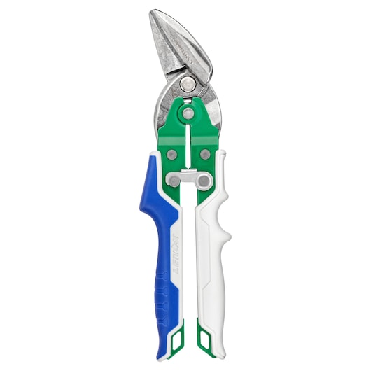 LENOX LXHT14347 aviation snips with silver blade, green, blue, and white ergonomic handles, front view on white background.