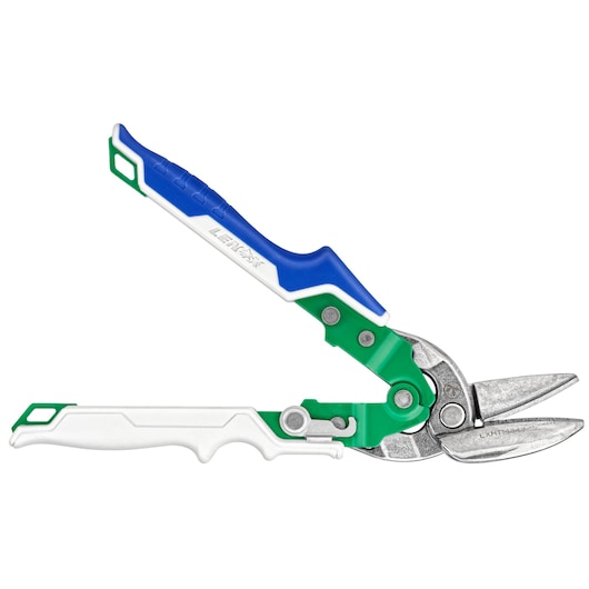 LENOX LXHT14347 aviation snips with blue, green, and white handle, side angle on white background
