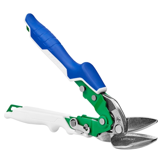 LENOX LXHT14347 aviation snips with blue, green, and white handle, side angle, white background.