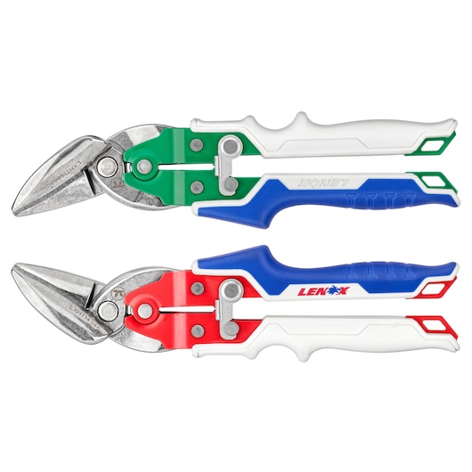 LENOX LXHT14348 aviation snips set, green and red colored handles, flat lay on white background.