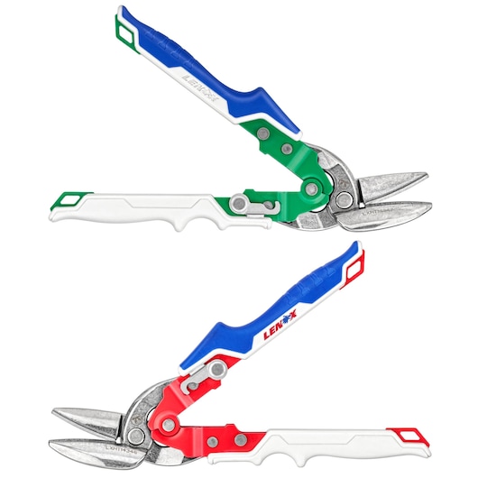 LENOX LXHT14348 aviation snips, set of two, with blue, white, green, and red ergonomic handles, side angle on white background.