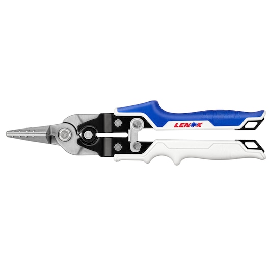 LENOX multi-purpose pliers LXHT14350 with blue and white ergonomic handle, side view on white background.