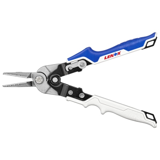 LENOX LXHT14350 pliers with blue and white ergonomic handles, angled product photo on white background.