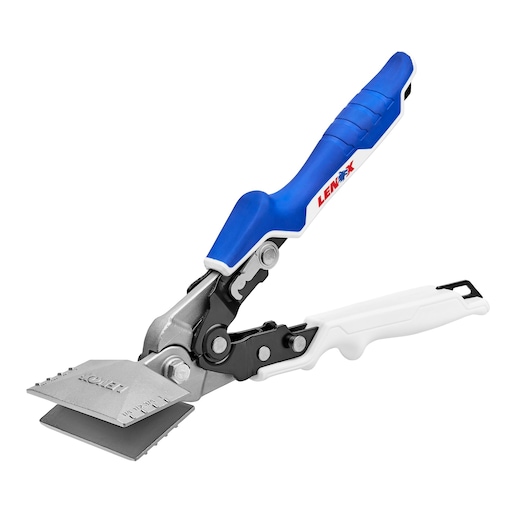 LENOX LXHT14350 multi-purpose siding tool with blue and white ergonomic handle, side angle on white background.