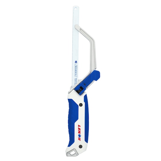 LENOX LXHT20336 hacksaw with blue and white handle, side angle, photography on white background.