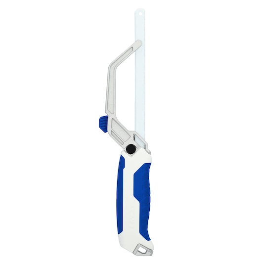 LENOX LXHT20336 folding jab saw with blue and white handle, silver blade, side angle, white background.
