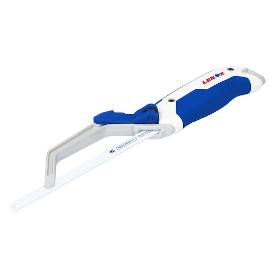 LENOX LXHT20336 blue and white hand saw with ergonomic grip, side angle, photography.