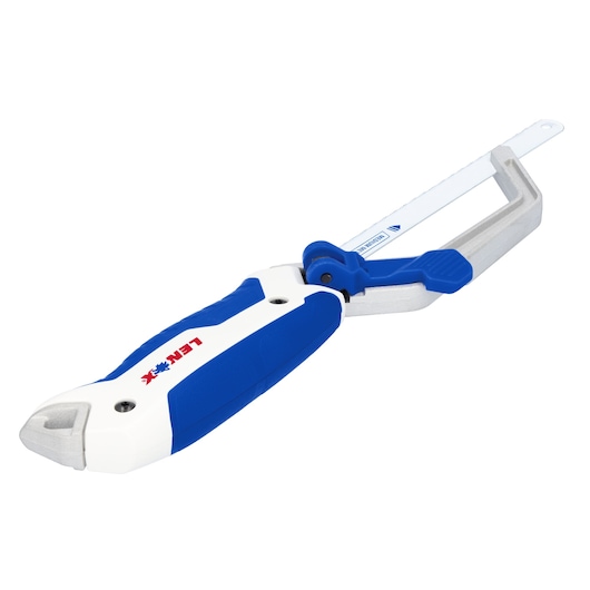 LENOX hand saw LXHT20336 with blue and white ergonomic handle, angled on white background, product photography.