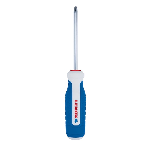 LENOX LXHT60900 Phillips screwdriver with blue and white handle, front angle on white background.