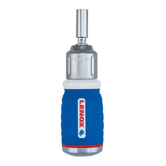 Photo of LENOX LXHT60901 blue and silver stubby ratcheting screwdriver, front view, tool category.