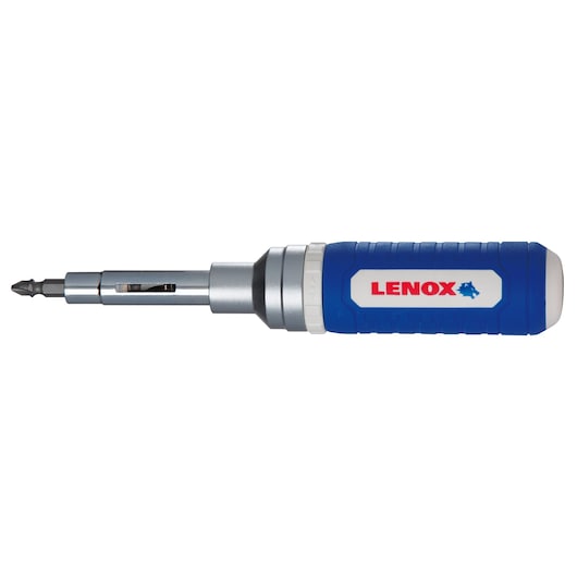 Photo of LENOX LXHT60902 multi-bit screwdriver with blue handle and interchangeable bits, side view on white background.