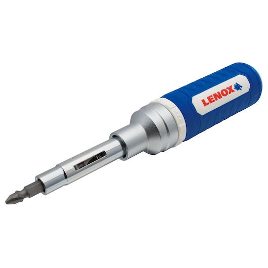 Photo of LENOX LXHT60902 multi-bit screwdriver with blue handle and visible interchangeable bit.