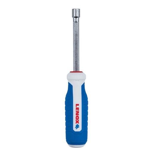 Photo of LENOX LXHT60903 nut driver with blue and white grip, front view on white background.