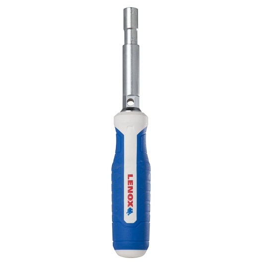 Photo of LENOX multi-bit screwdriver LXHT60904 with blue and white handle, front view, on white background.