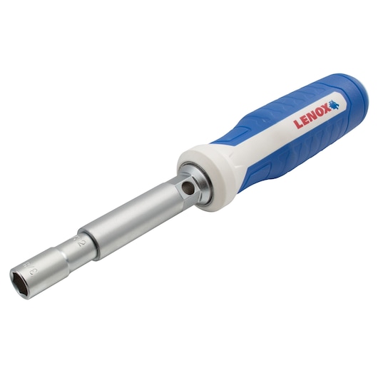 LENOX LXHT60904 screwdriver with blue and white handle and metal shaft, angled on white background.