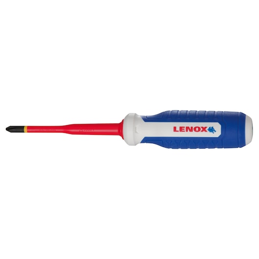 Photo of LENOX LXHT60906 insulated screwdriver, blue and white handle, red shaft, side angle on white background.